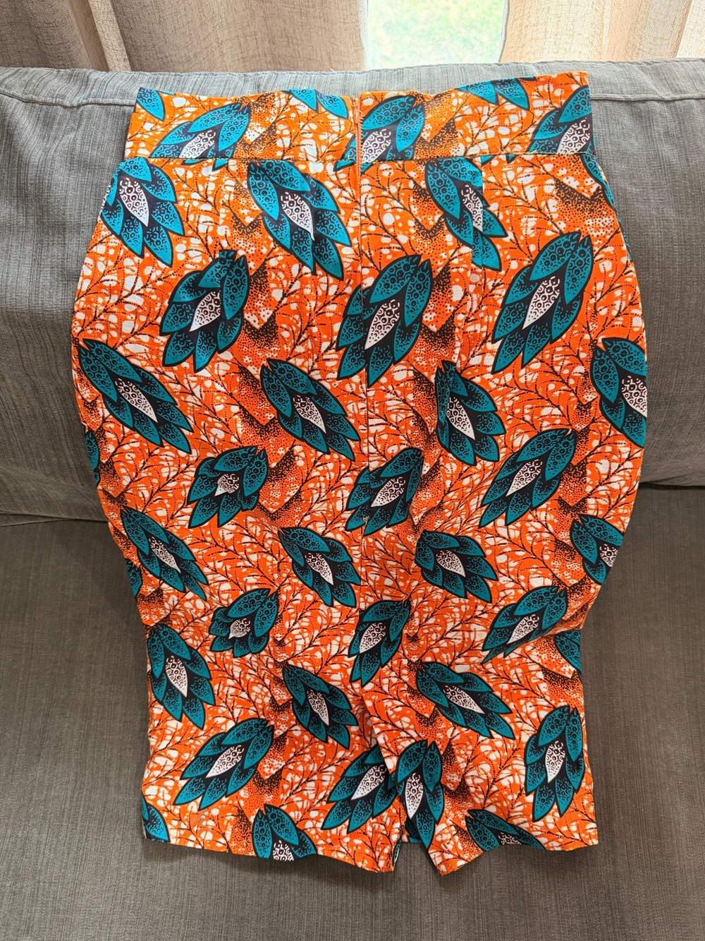 Handmade Ghanaian Wax Print Pencil Skirt | Bright Orange & Teal | Small - Picture 2 of 6